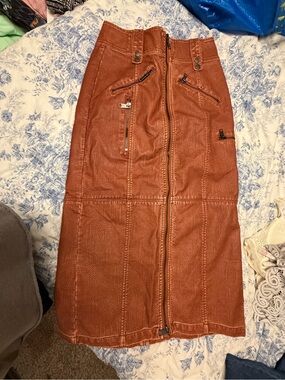 We The Free Rust Brown Faux Leather Midi Skirt with Front Zips
